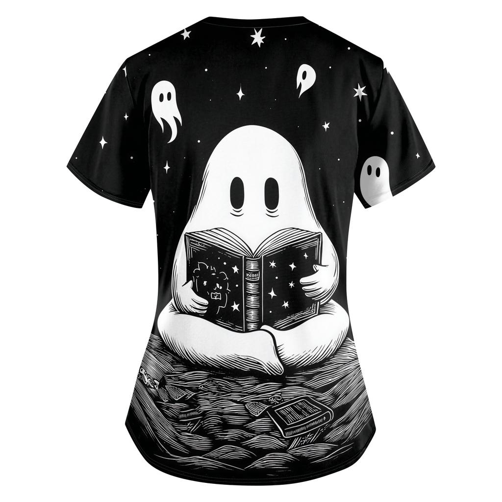 Women Halloween Print Loose V Neck Short Sleeve Medical Scrub Top Nurse Uniform with Pockets Comfortable Fit Professional Workwear