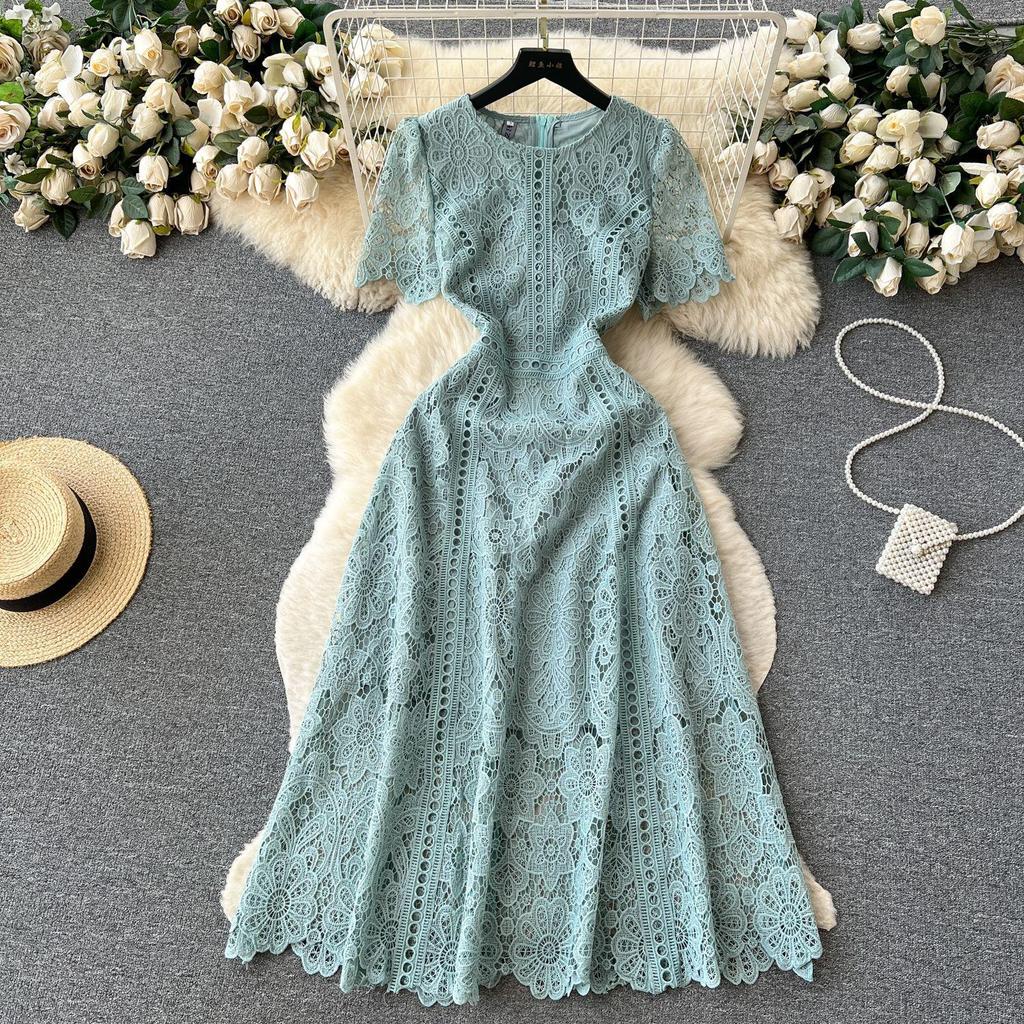 Abito Estivo Donna Vintage Casual in Pizzo Scollo O Manica a Farfalla Zip Gancio Fiore Intrecciato Slim Ricamo Lungo