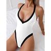 Damen Farbblock Kontrastbesatz Tiefes V Halter Einteiler Badeanzug Hoher Schnitt Schlank Bauchkontrolle Monokini Badeanzug
