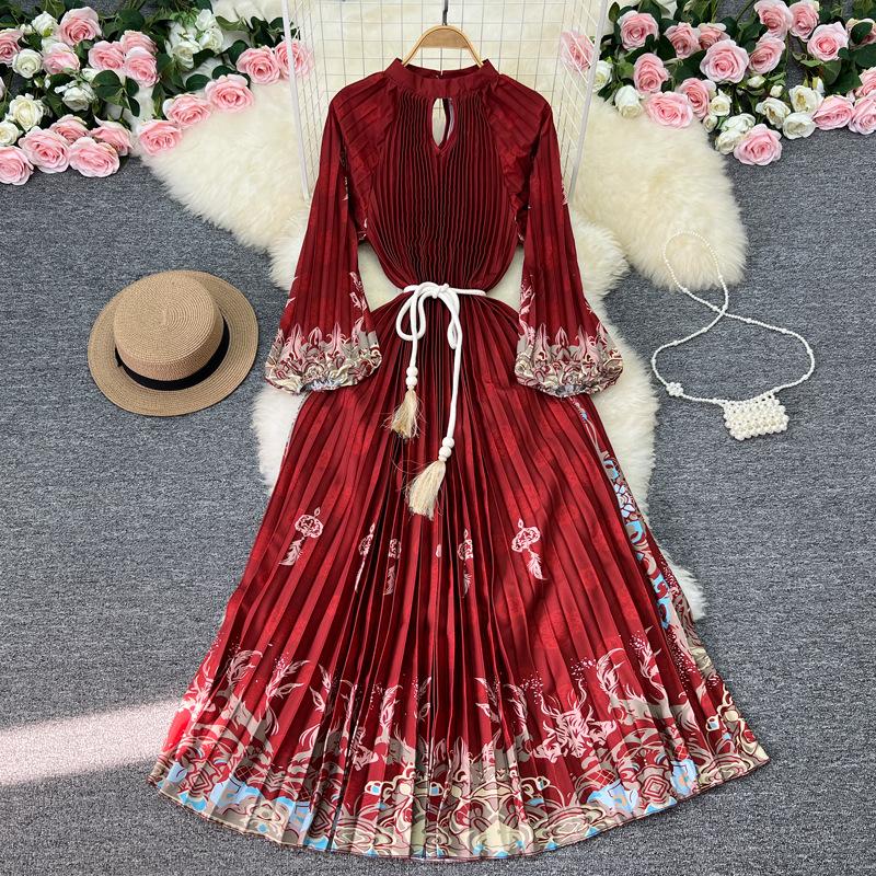 YYFS Γυναικεία Μόδα Άνοιξη Φθινόπωρο με μοτίβο λουλουδιών με μακρυμάνικο λαιμόκοψη Casual φορέματα