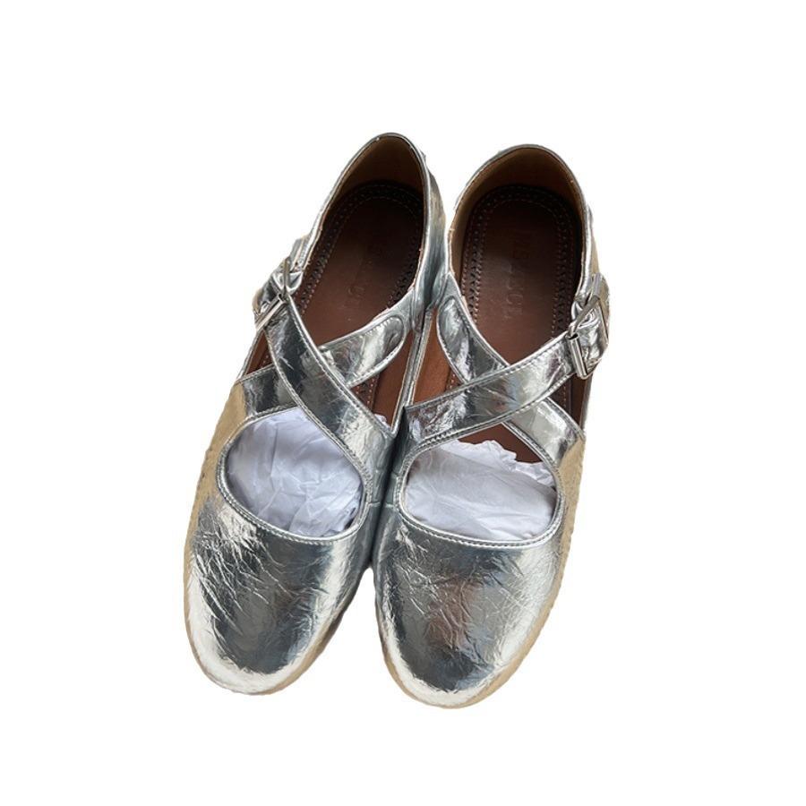 Schafsleder-Version~ Mary Jane Einzelschuhe mit silberner runder Spitze und gekreuzten Riemen, Damenleder, vielseitig, flache Ballerinas mit leichtem Ausschnitt