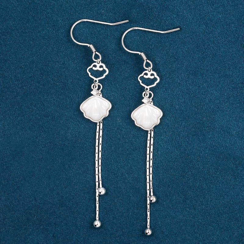 Sterling Silver Shell Tassel Earrings: Round S925 White Shell, Ancient Style for Women. 925 Silver