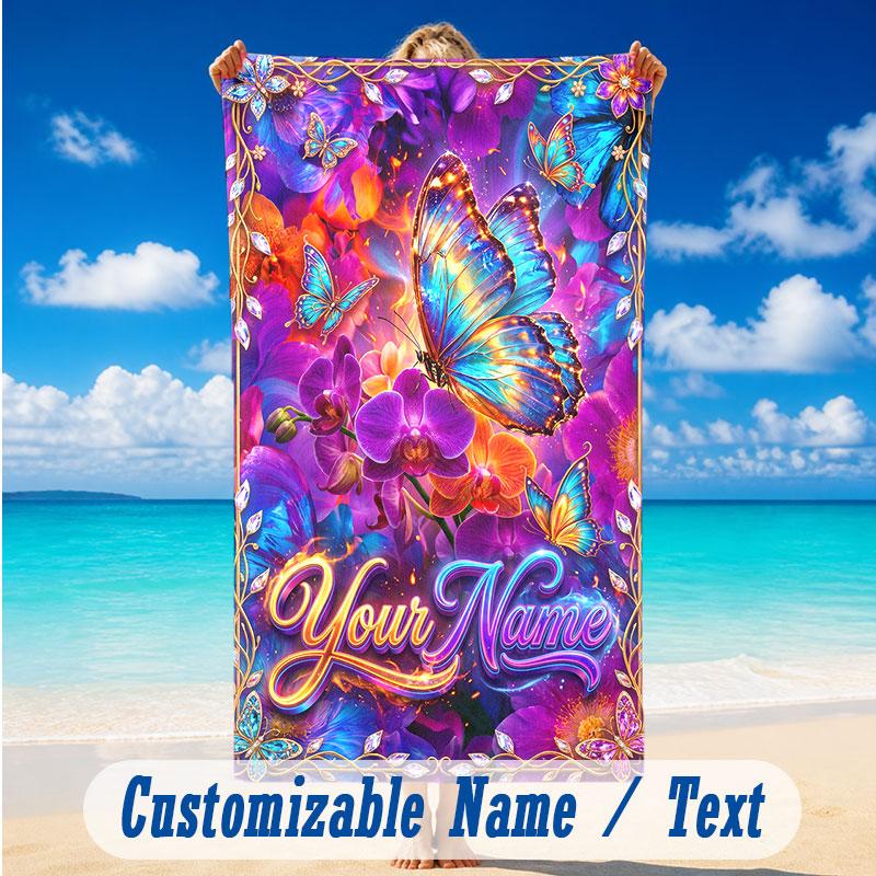 Butterfly Theme Beach Towel Personalized Custom Name & Text Soft Quick Dry Beach Towel for Swimming Travel
