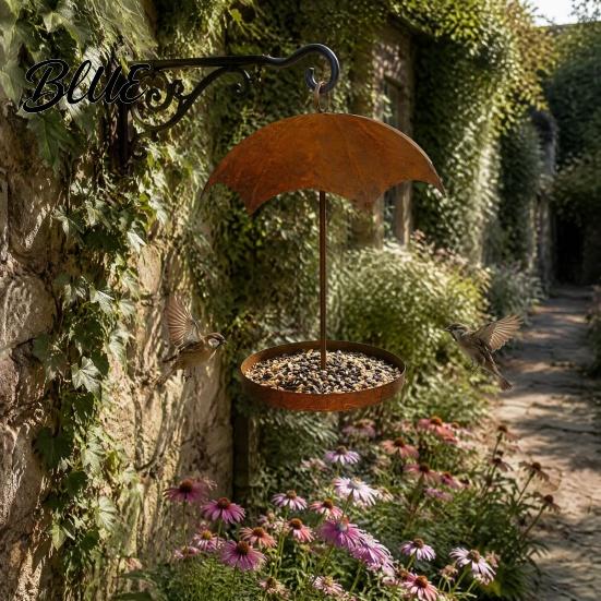 Retro Style Garden Bird Feeder Vintage Umbrella Shaped Feeder Rusty Hanging Wild with Rain‑Shade Canopy Patio Feeding Station Outdoor Metal Seeds
