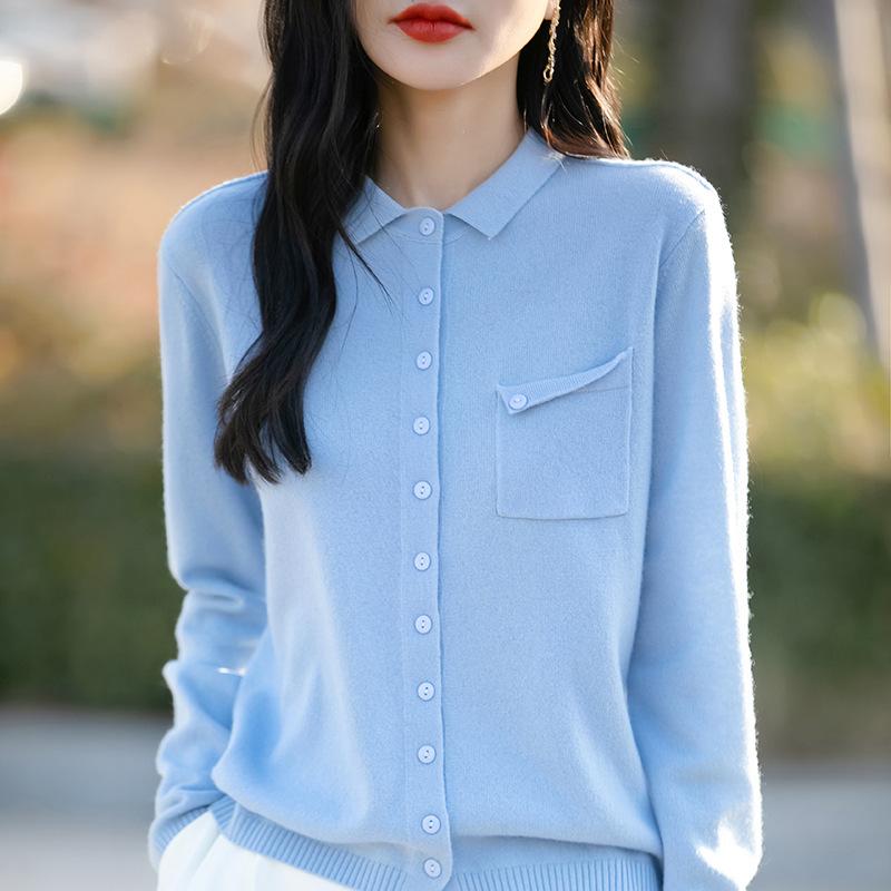 

Модный и Молодежный Вязаный Кардиган с Воротником ПОЛО для Женщин Весна Новый Однотонный с Карманами, Приталенный и Универсальный XXL синий