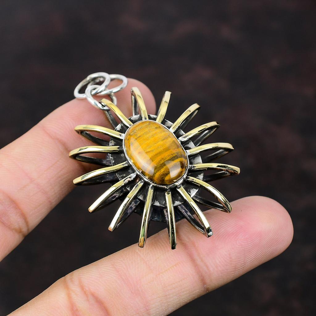 Tiger's Eye Pendant Handmade Jewelry 925 Sterling Silver Pendant 18K Gold Plated Pendant Cage Jewelry Antique Gemstone Pendant Gift For Wife