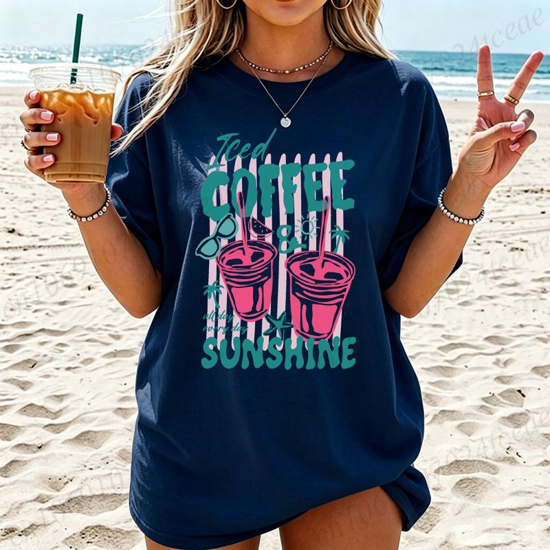 Summer New Fashion T-Shirts Coffee Graphic Women's T-Shirt Sunshine Beach Graphic Clothing Cute Drink Aesthetic Women Tee Tops