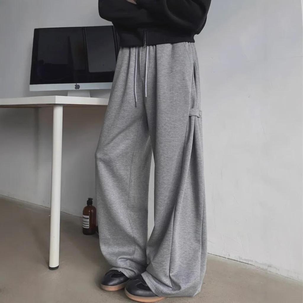 Men's Gray Heavyweight Wide-Leg Sweatpants: Spring/Autumn Casual Drape with American High-Street Vibe