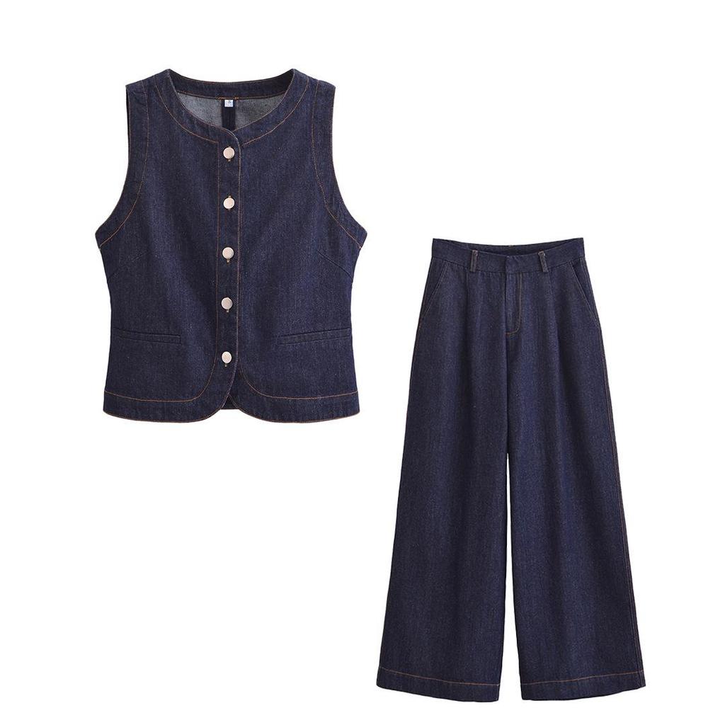 2025 Women's Spring Fashion: European-American Style Denim Vest & Long Pants Set