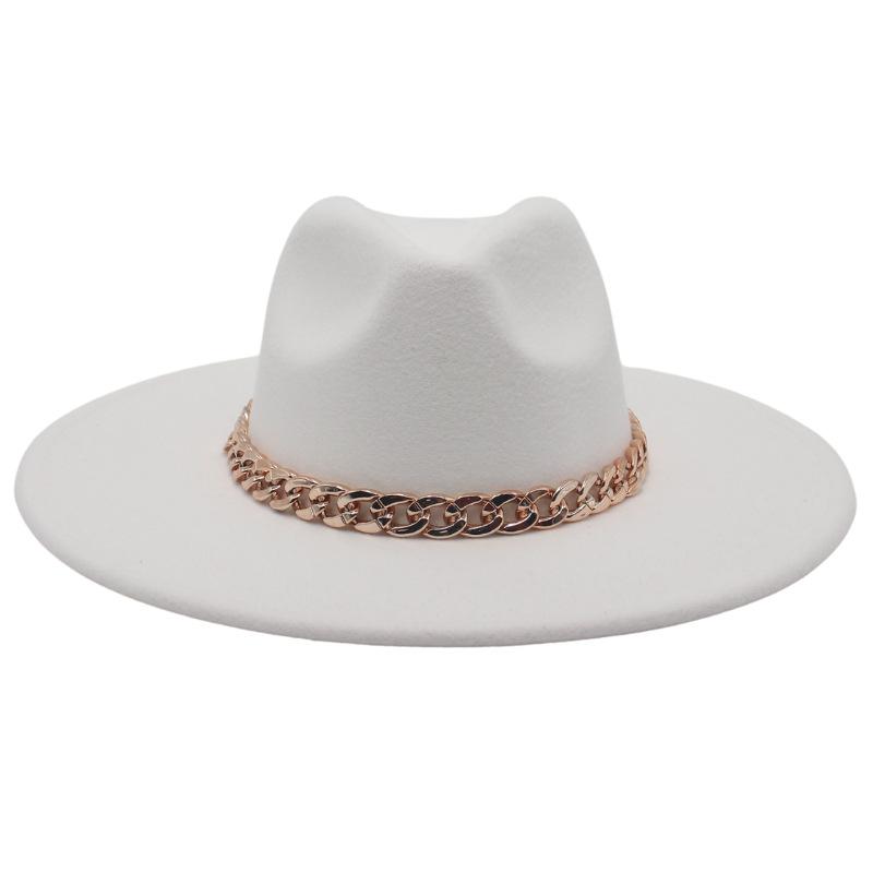 Big Brim Gold Acrylic Chain Felt Hat Solid Color Cashmere Jazz Hat French Top Hat