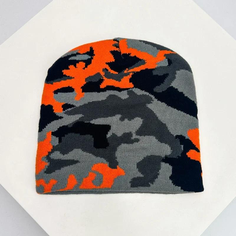 Autumn and Winter New European Style Camouflage Color Block Knitted Hats Warm Versatile Hip Hop Beanies Street Fashion Outdoor
