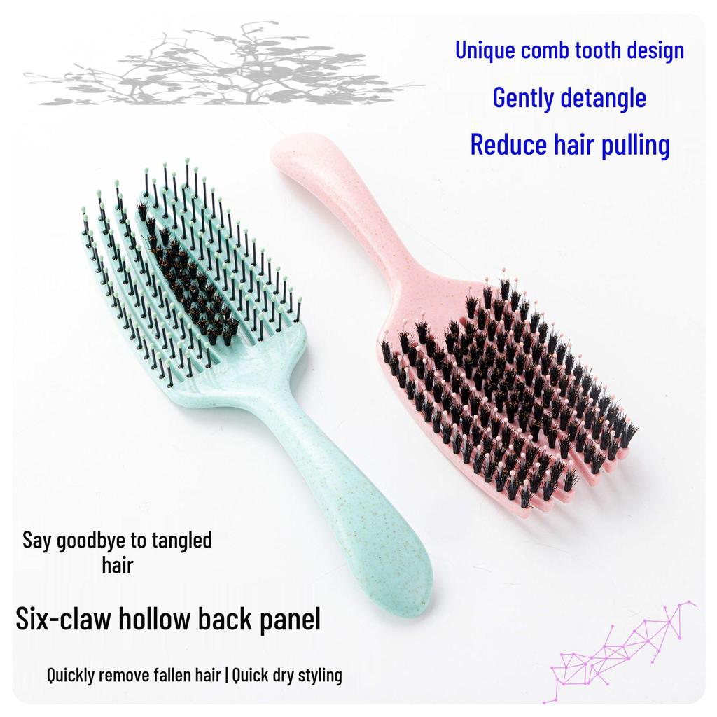 Pig Bristle Fluffy Styling Six-Claw Straightening Hollow Rib Massage Comb