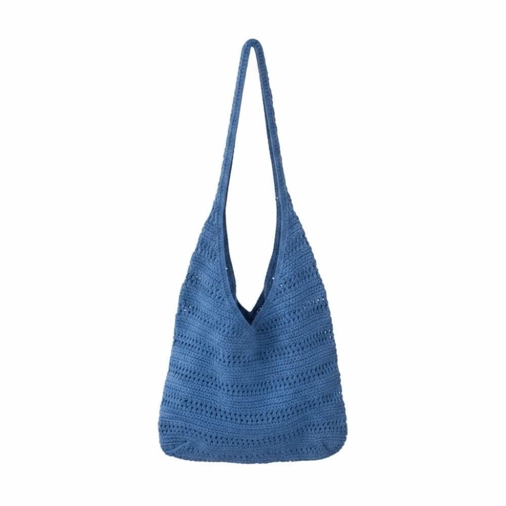 

Breathable Texture Crochet Tote Lightweight Knit Hobo Bag Farmers Market Shopping синий
