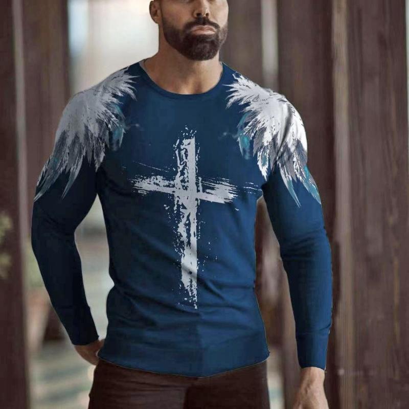 

Christ Jesus Pattern T-Shirts For Men Colorful Cross Wings 3D Print T Shirts Autumn Casual Loose Round Neck Long Sleeve Tops S