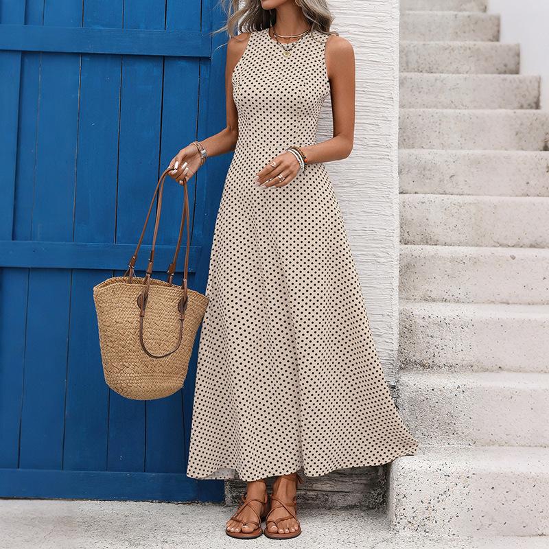 Women's Fashion Summer Spring Polka Dot Print Sleeveless O-Neck High Waist Casual Dresses