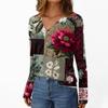 Women's Casual Fashion Brushed Retro Floral Print Long Sleeve V-Neck Top T-Shirt