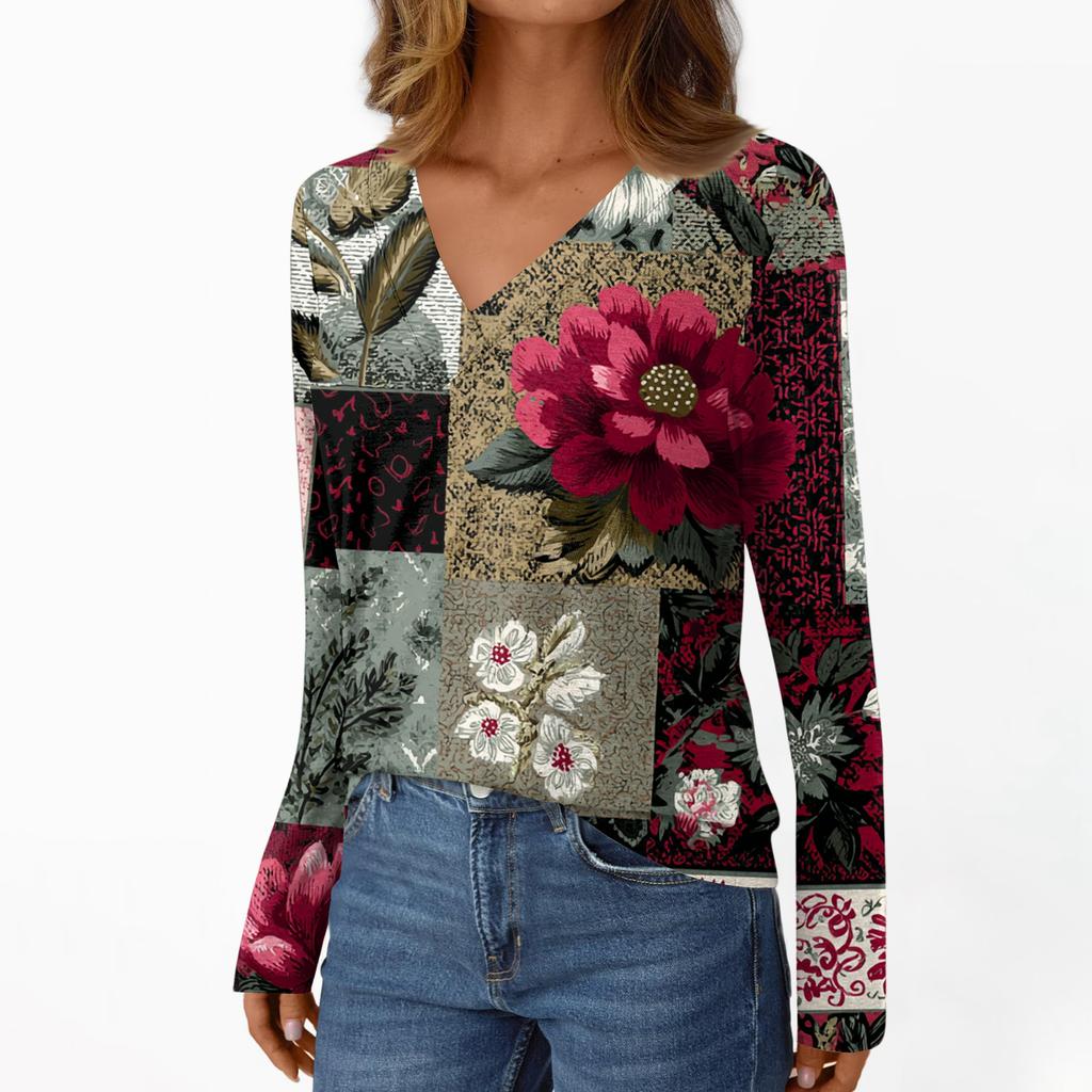 Women's Casual Fashion Brushed Retro Floral Print Long Sleeve V-Neck Top T-Shirt
