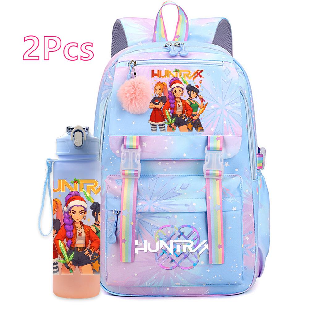 2Pcs/set Christmas K-pop Printed Backpack with 750Ml Water Bottler Large Capacity Travel Bag for Teenager Girl Boy Bookbag Kid Gift Large Capacity Bag