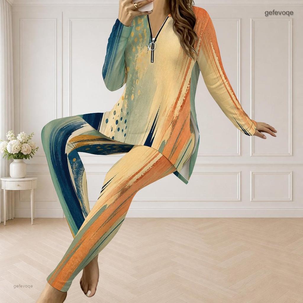Women Plus Size Dark Blue Printed Half Zip Long Sleeve Longline Top And Fitted Pants Two Piece Set