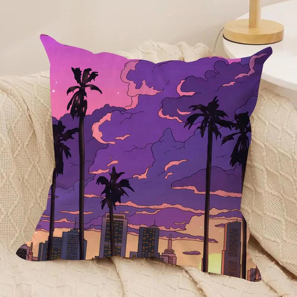 Anime Scenery Design Cushion Cover Silky Short Plush Invisible Zipper Dustproof Sofa Pillow Case for Home Decor