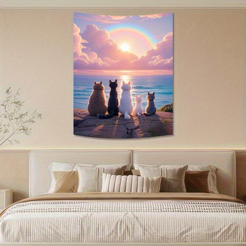 Healing Series Seaside Sunset Cat Tapestry Dreamy Pink Purple Sky Rainbow Printing Retro Style Vintage Decor