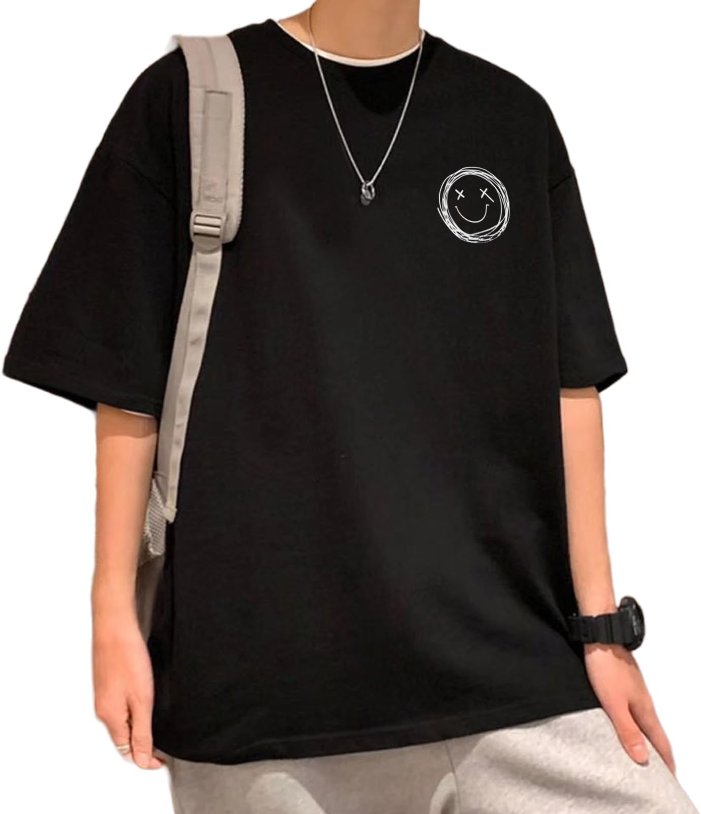 

Принт логотипа «Улыбка» Короткий рукав Корейское нижнее белье Черный T Быстросохнущий Летние топы Весенний Летний Прохладный Оверсайз Большой силуэт Эластичная одежда Улыбка чёрный