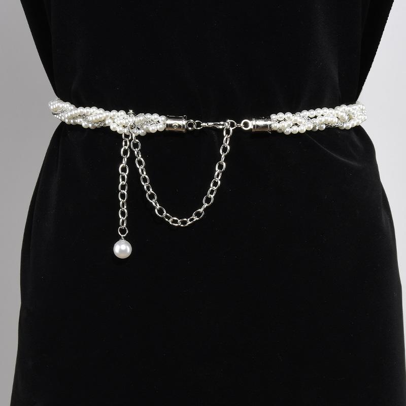 Pearl Chain Decorative Belt Women'S Fine Dress Metal Waist Chain With Sweater Skirt Woven Belt