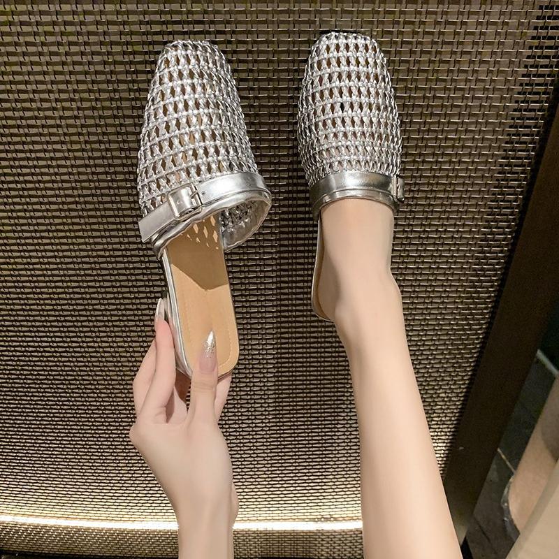 Fashion Women Mesh Mules Shoes Luxury New Slippers Flats Sandals 2025 Designer Hollow Summer Slingback Casual Shoes Buckle Woman Zapatos