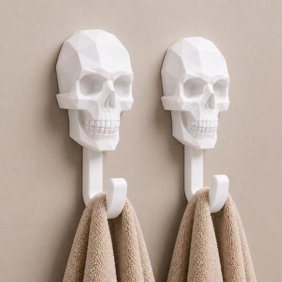 DYS 2 Stück Aufhänger, 3D-gedruckte Totenkopf-Design-Haken, Bohrerfreie Wandmontage-Haken, Wasserdichter Badezimmer-Aufbewahrungshaken für Handtücher, Hüte, Taschen