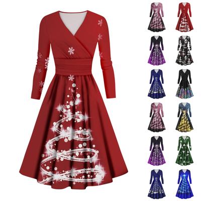 Women's Casual And Fashionable Christmas Printed Long Sleeved V-neck Sexy Dress