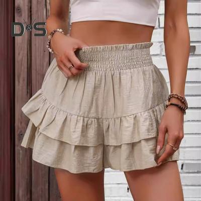 Damesshorts met hoge taille, gelaagde ruches, wijde pijpen, casual rokje, korte broek, effen kleur, geschikt voor werk, vrije tijd of het strand.
