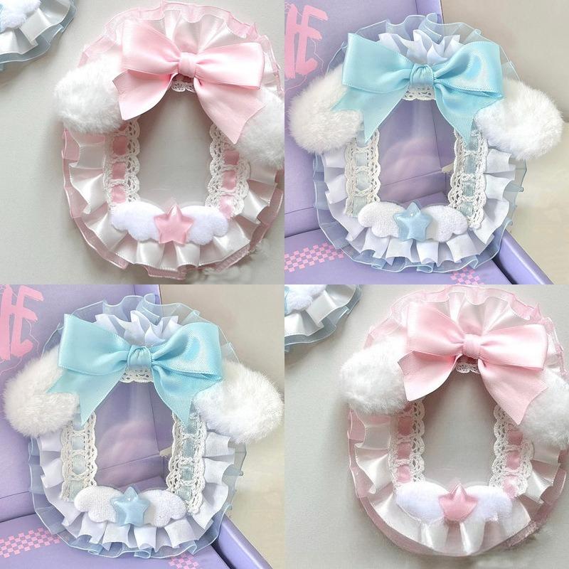Cute Cat Ears Photocard Frame with Pearl Chain Handmade Lace Kpop Idol Card Holder 3 Inch Card Sleeves for Girls Bag Pendant New