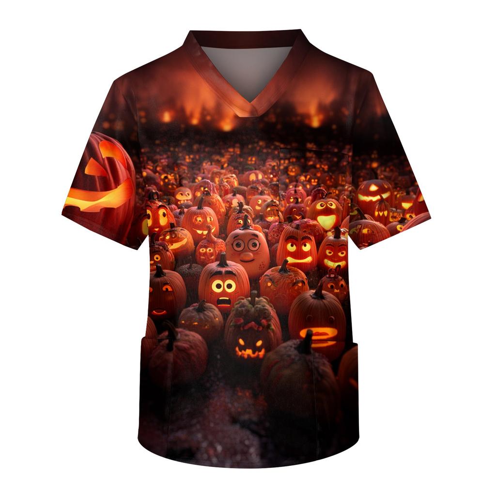 Men's Short Sleeve V-Neck Halloween Print Chest Pocket Care Top