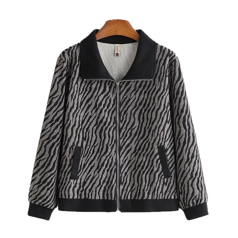 Middle-aged Women's Striped Long-sleeve Turn-down Collar Casual Jacket for Spring and Autumn