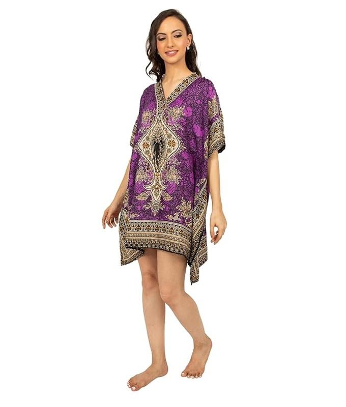 TreegoArt Fashion Women's Polyester Short Kaftan Caftan Printed Adjustable Boho Dress Nightwear Maxi Gown