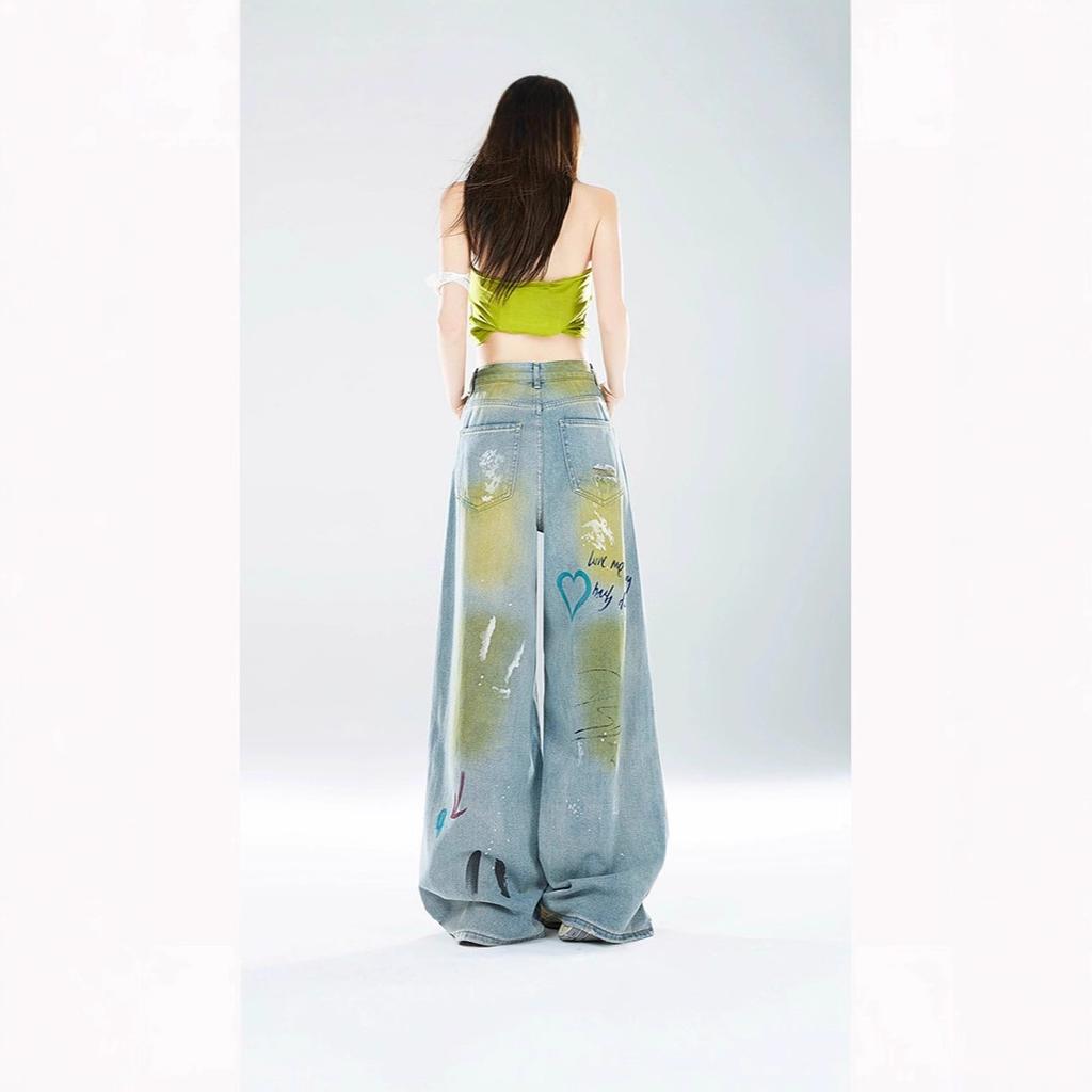 Dopamine graffiti ripped jeans women's summer new American retro loose wide-leg drape pants