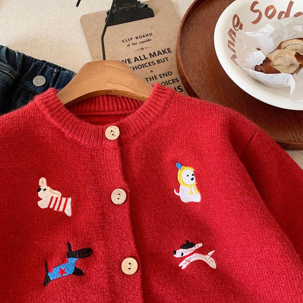 Children's Sweater Winter New Product Men's and Women's Celebration Knitted Sweater Embroidered Dog Cardigan