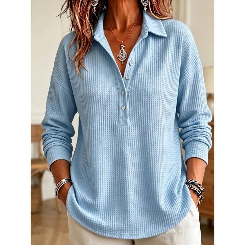 Damen S Waffelstrick Langarm Pullover T-Shirt Locker Lässiges Oberteil