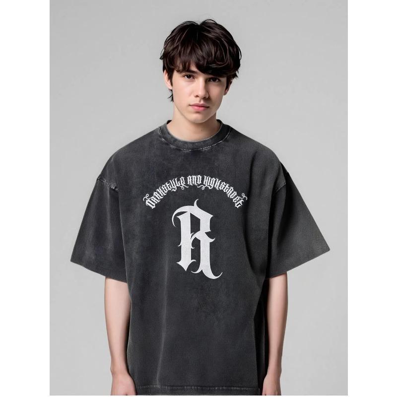 Men s Gothic R-Glyph T-Shirt - Distressed Soft Washed Tee with Gothic Letter R Print, Loose Fit Streetwear Essential for Everyday Gothic Outfits S чёрный