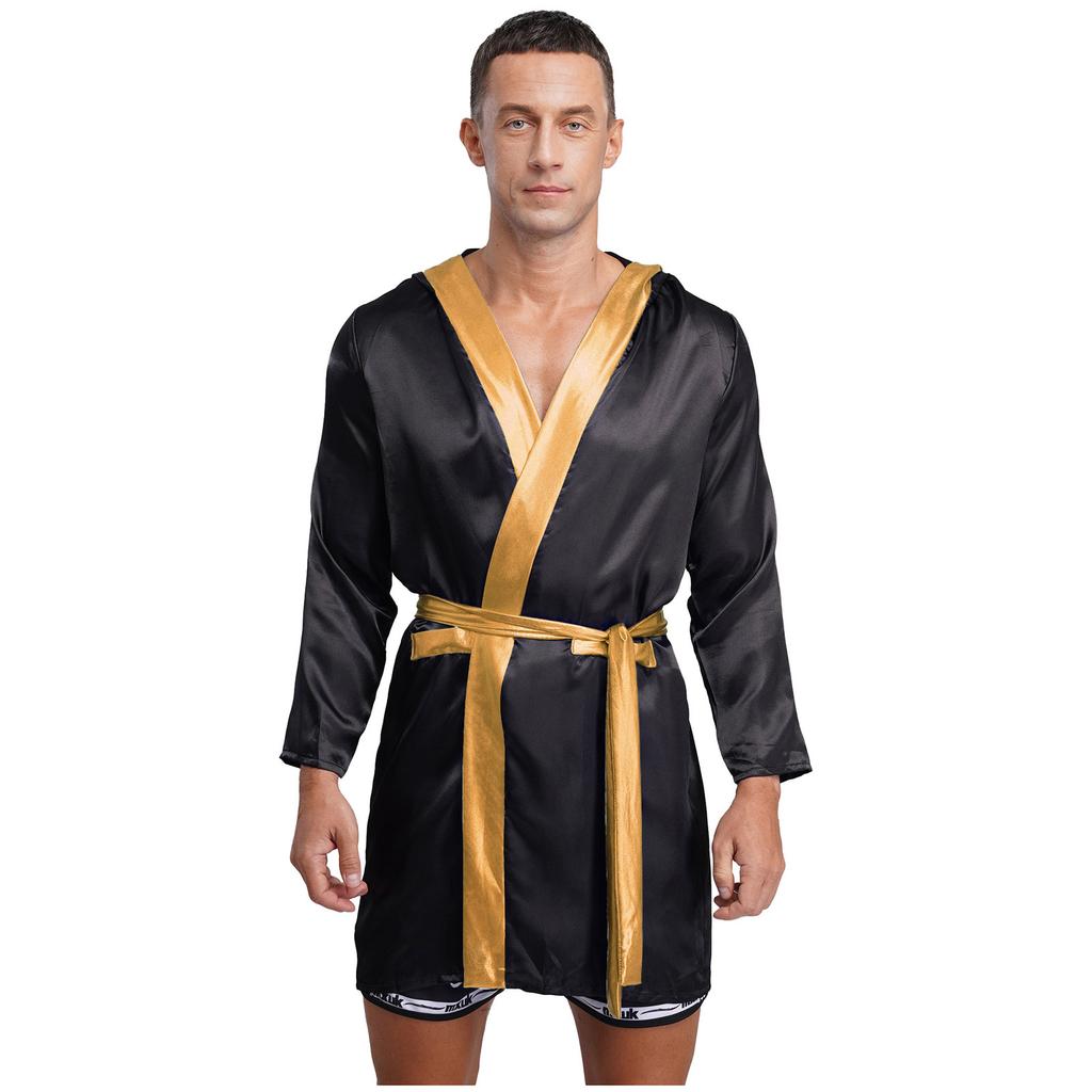 Mens Satin Hooded Cloak Shiny Trim Open Front Belt Boxing Robe