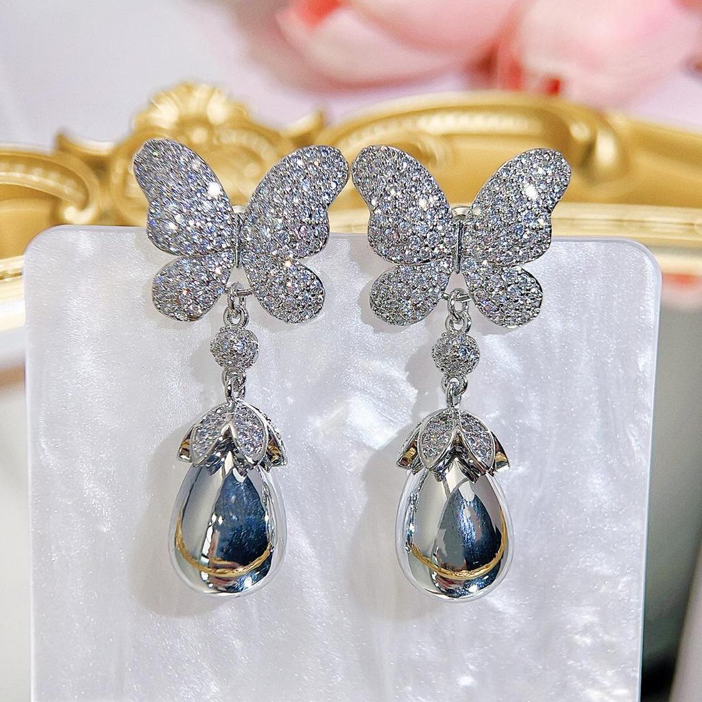 CMM Palace Style Hollow Design Zircon Butterfly Water Drop Artificial Pearl Pendant Earrings Wild Bride Wedding Party Accessories