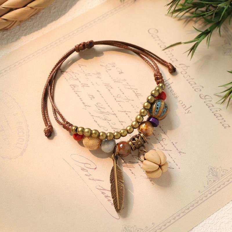 Adjustable Hand Woven Bracelets Women Ceramics Natural Plant Acorn Hand Strap Vintage Forest Series Beaded Rope Chain