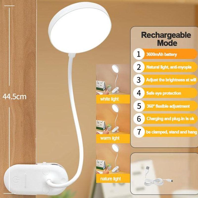 3600mAh Tischlampe, wiederaufladbare USB-Schreibtischlampe mit Clip, Bett-Lesebuch, Nachtlicht, LED-Touch, 3 Modi, Dimmen, Augenschutzlicht