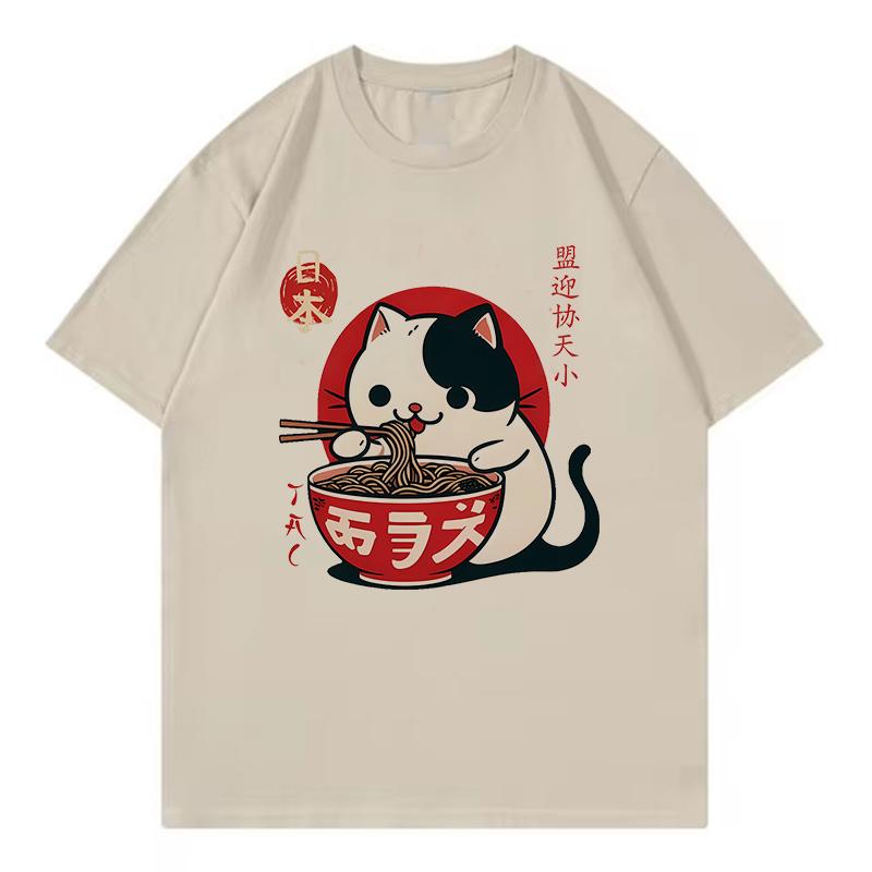 Loose Funny Japanese Cat Eat Ramen T Shirts Men Women Cat Tshirt Round Neck Short Sleeve Trendy Tee Shirt Streetwear