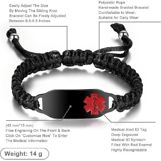 Medical Alert Bracelets for Women Personalized | Medical Alert ID Bracelets | Tow-Tone Polyester Rope Handmade Braided Emergency Bracelet, Adjustable