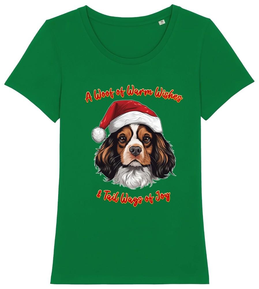 

Женская рождественская футболка с кавалер-кинг-чарльз-спаниелем, шапка Санты, собака, гав, пожелания 4XL