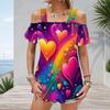 Plus Size Women Cold Shoulder Flutter Sleeve T Shirt Colorful Rainbow Heart Star Print Short Sleeve Top