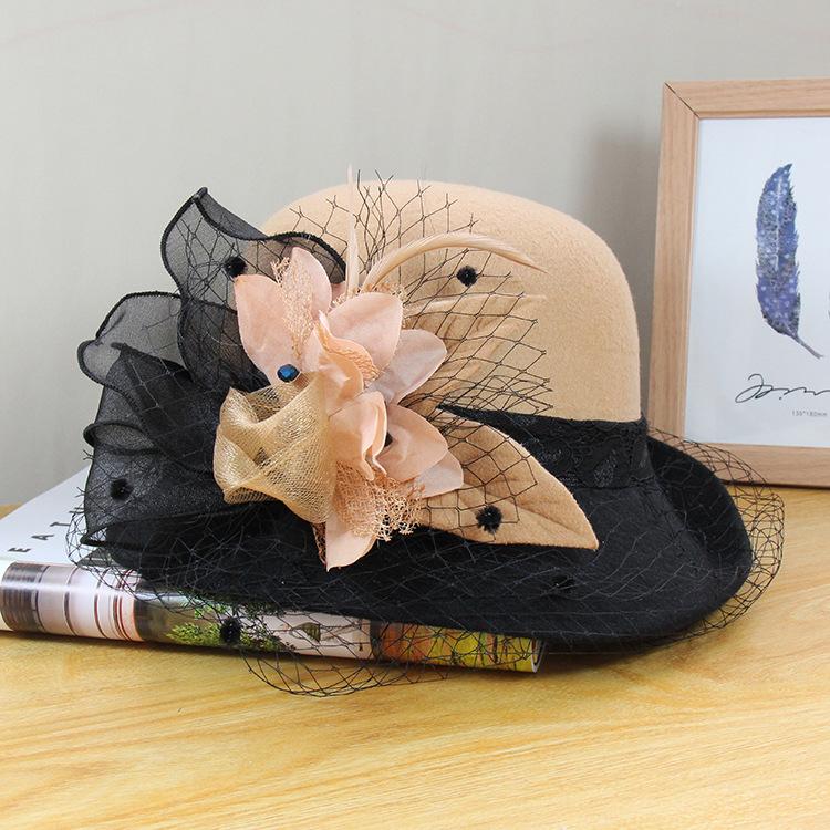 Woolen Hat Women'S Autumn And Winter British Retro Versatile Basin Hat Hepburn Mesh Flower Crimped Top Hat