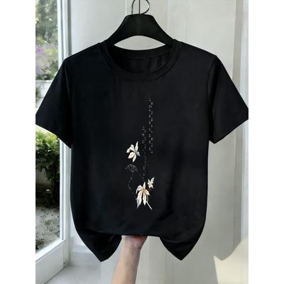 New Women Round Neck Short Sleeve T-Shirt Floral Embroidery Print Black White Grey Stretchy All-Season Trendy Statement Graphic Casual Comfort