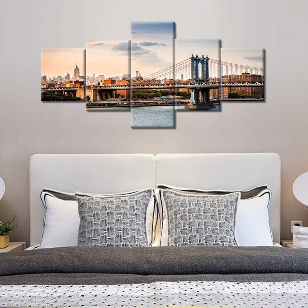 5Pcs Manhattan Bridge Paintings New York City Skyline Pictures Wall Poster Home Decor 5 Panel Room Decor Canvas Art HD Print